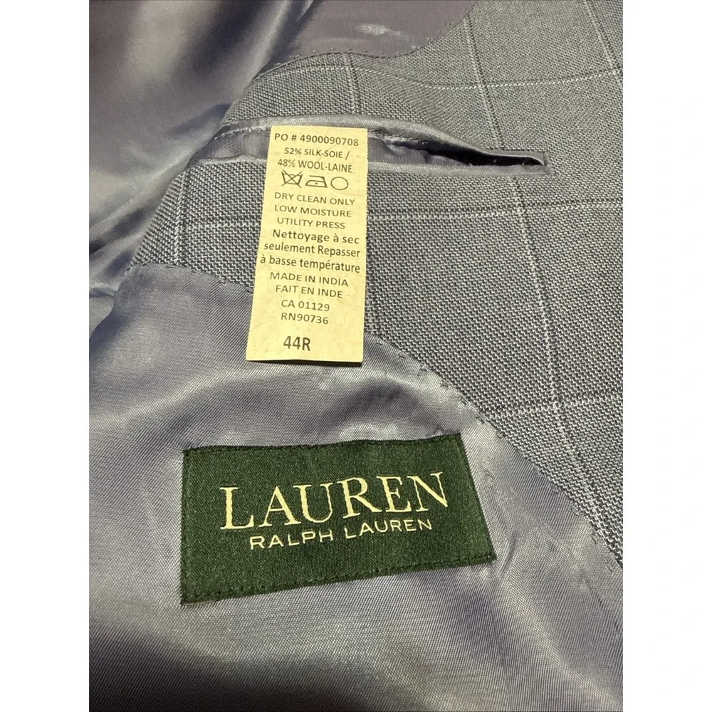 Lauren Ralph Lauren Men's Blazer 44R Light Blue Windowpane Silk/wool